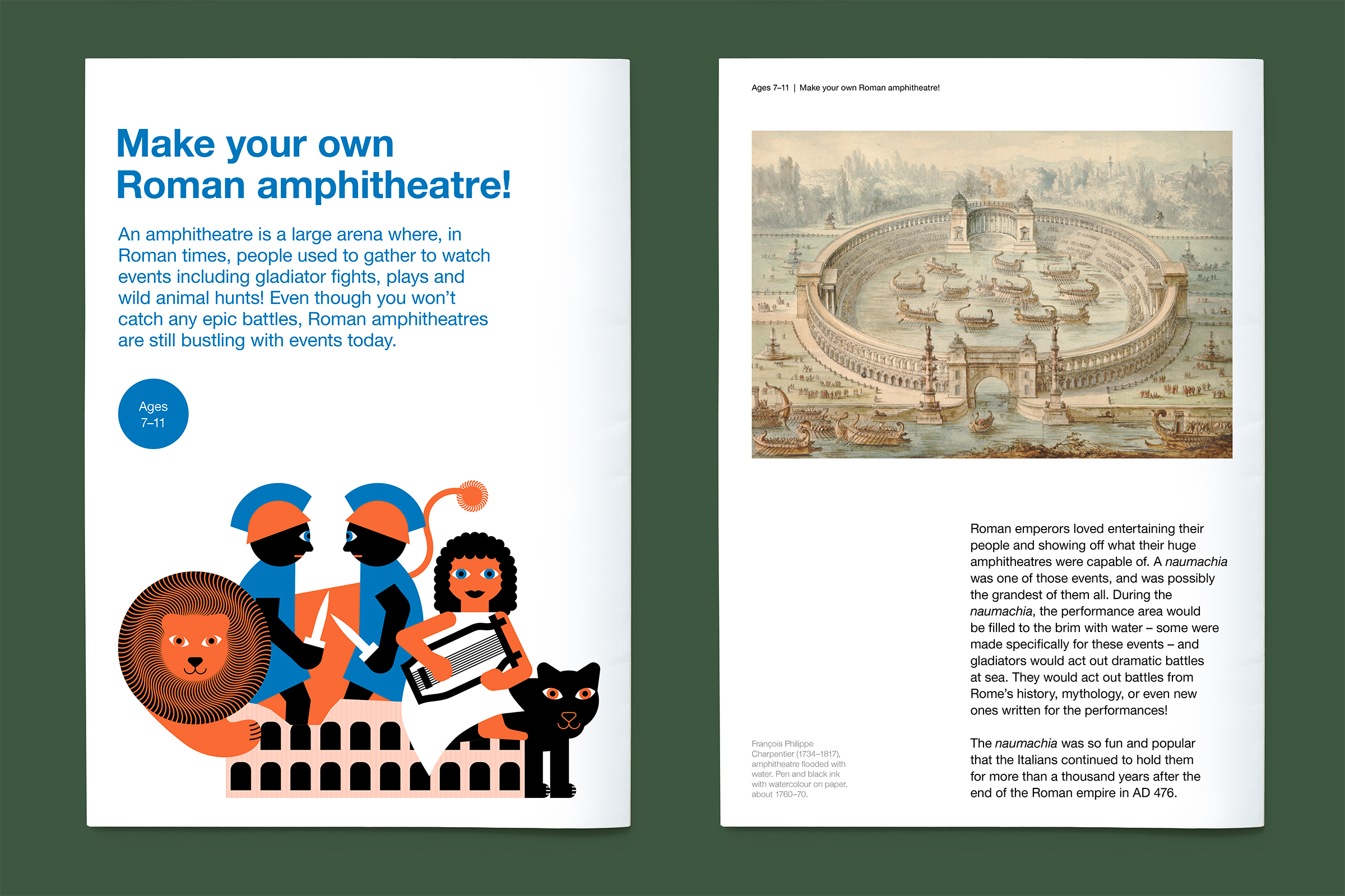 Top down photo of pages 1 and 2 of the Roman amphitheatre activity