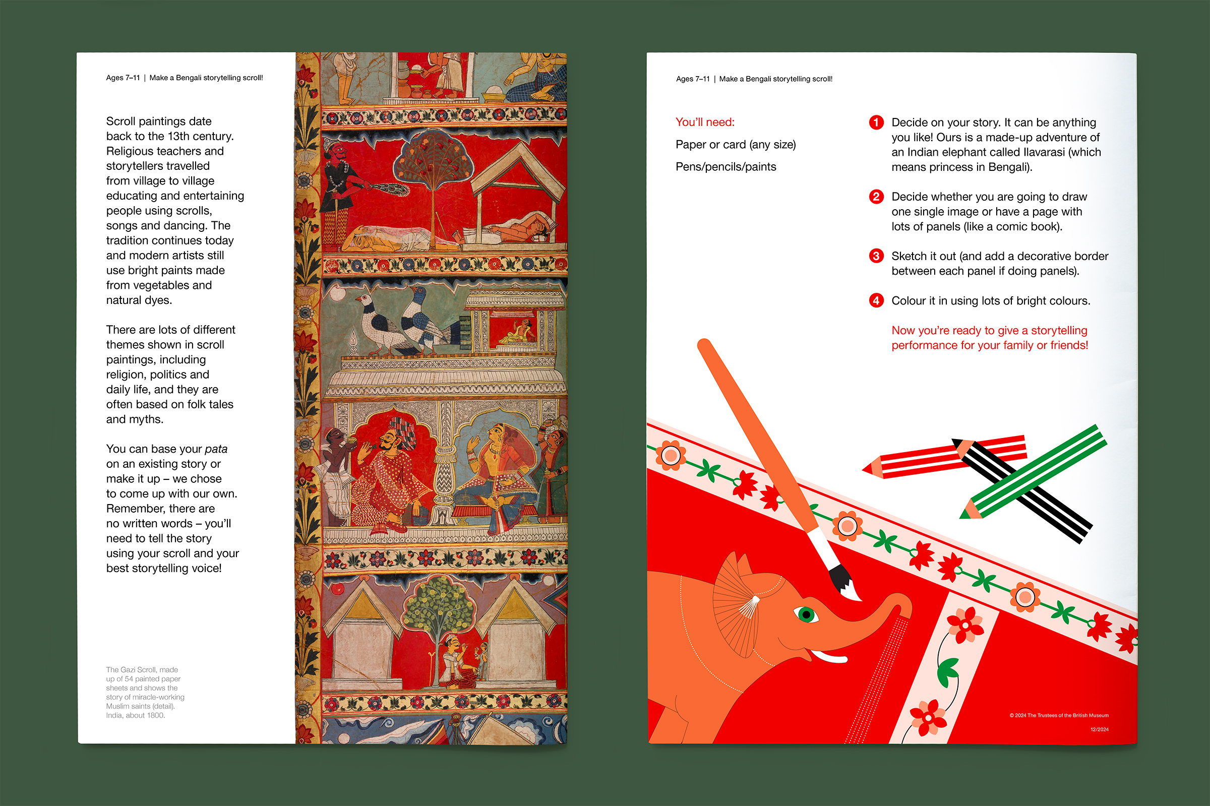 Top-down photo of pages 2 and 3 of the Bengali storytelling scroll activity