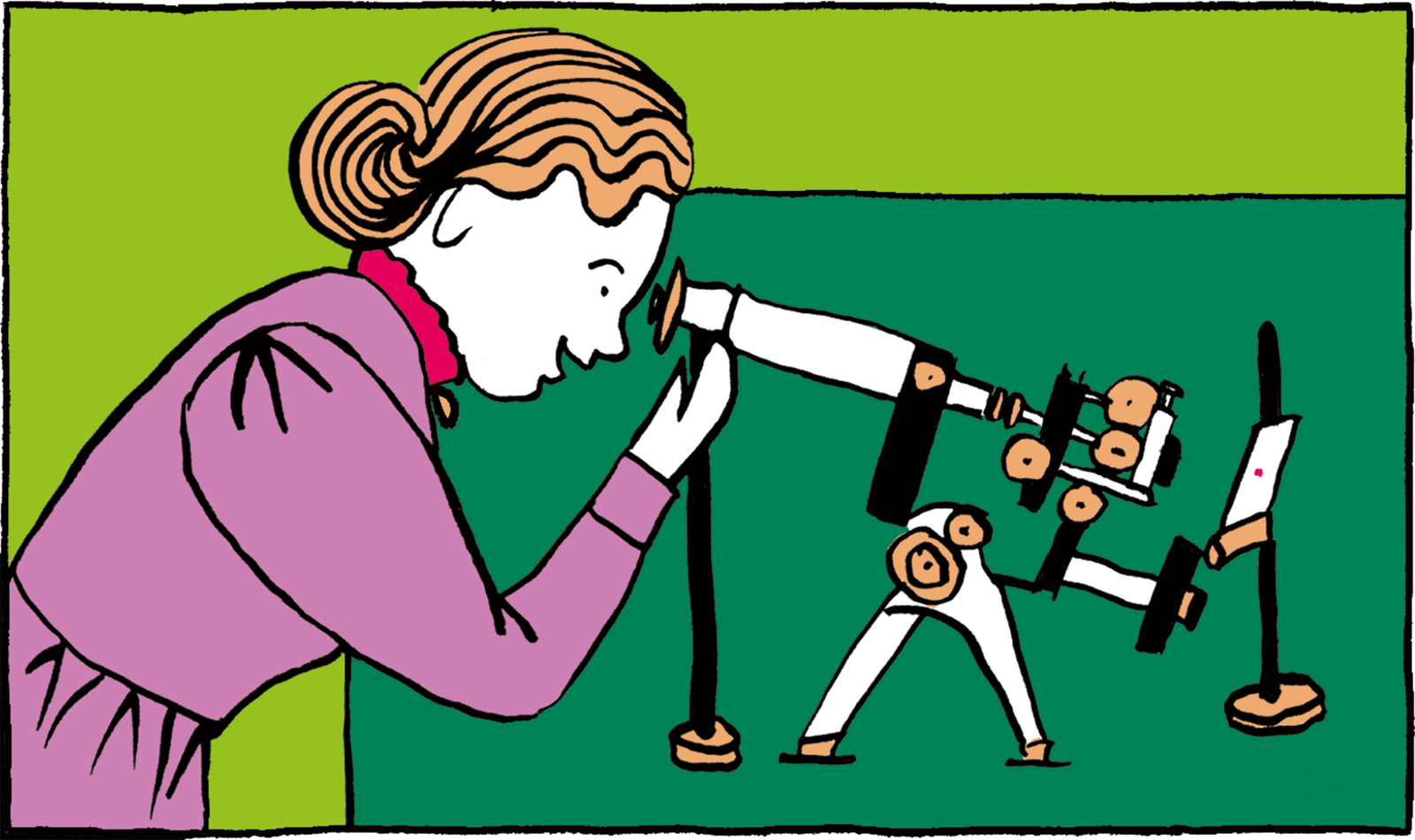 Young woman looking through a historical microscope.
