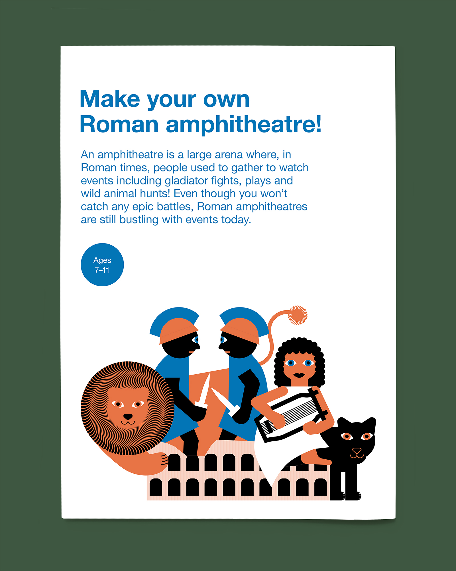 Front cover of a children's activity sheet showing an illustration of an amphitheatre with two gladiators, a lion and a musician