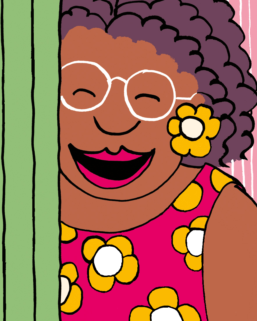 Illustration of a smiling woman looking from of a door