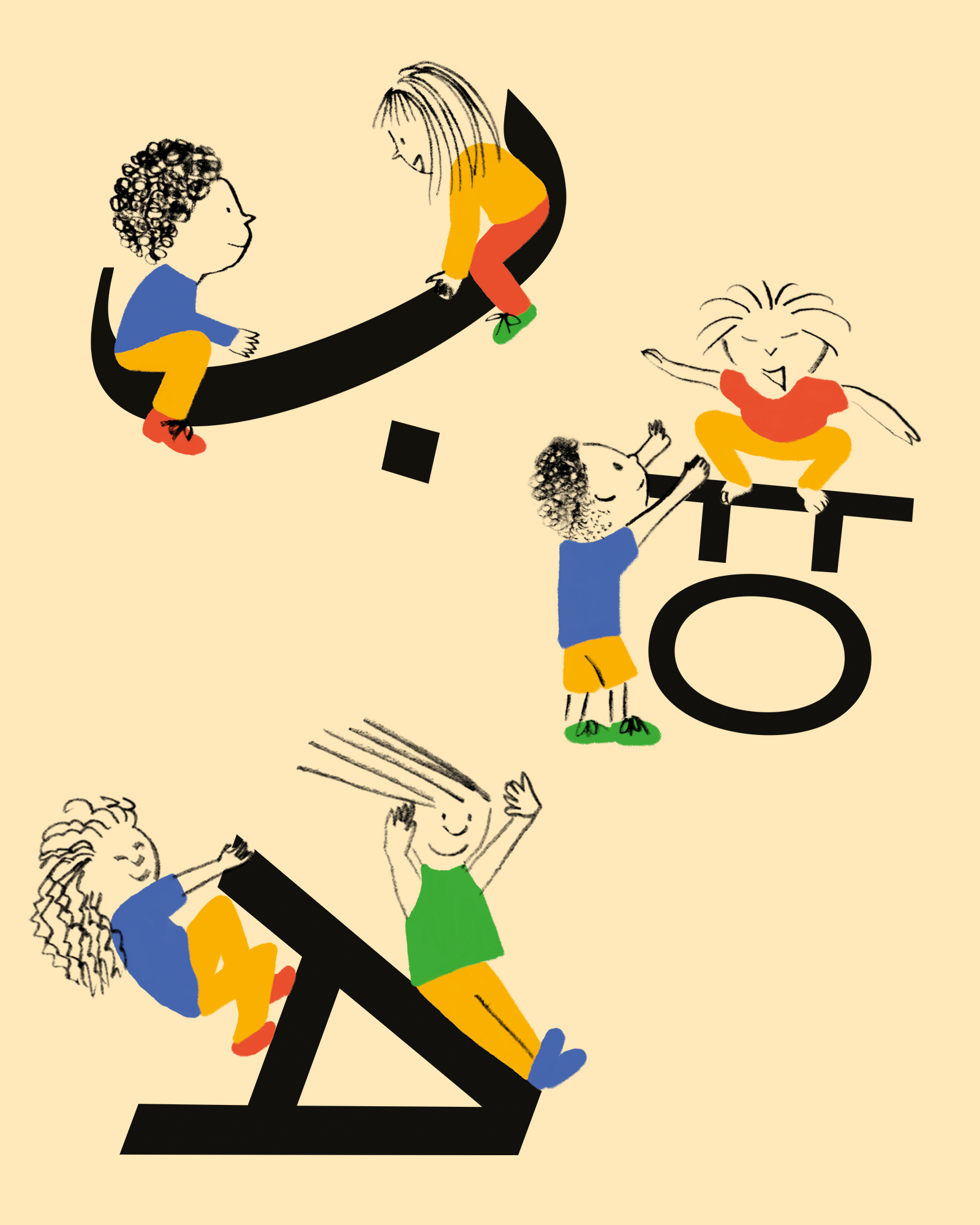 Illustration of children playing on letters from the Latin, Arabic and Korean alphabets