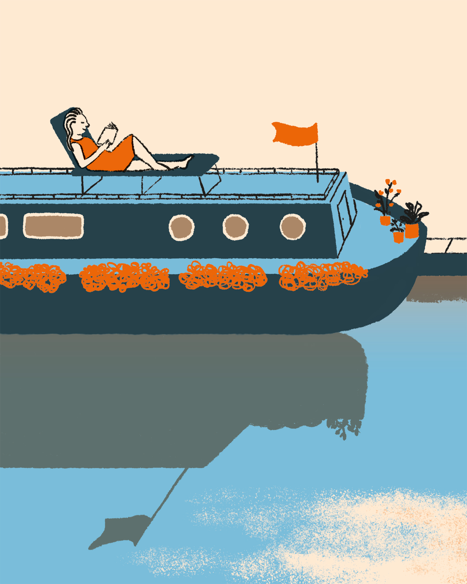 Illustration of a woman reading in a deckchair on the roof of a house boat