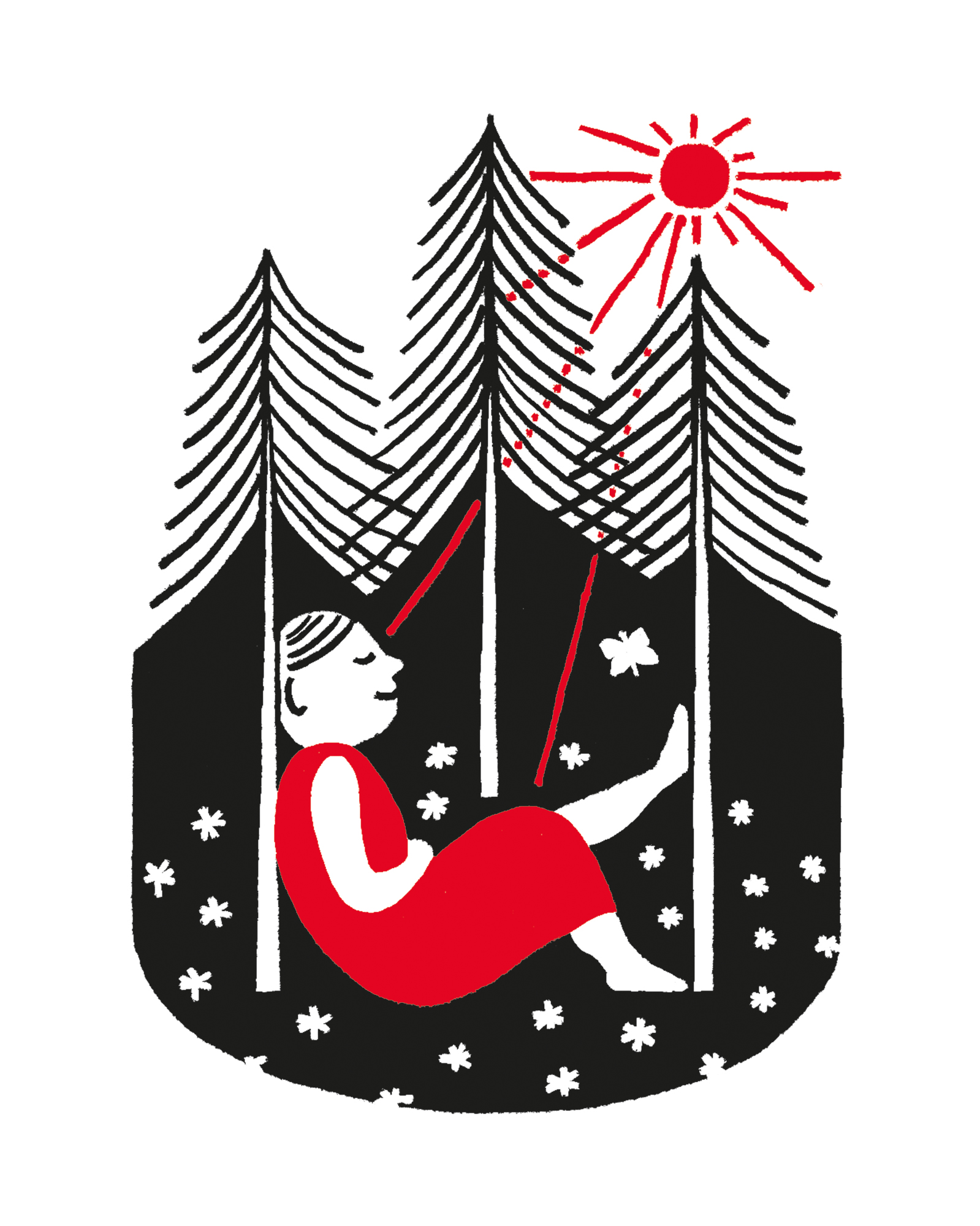 Illustration of a woman sitting among flowers in the shade of a forest