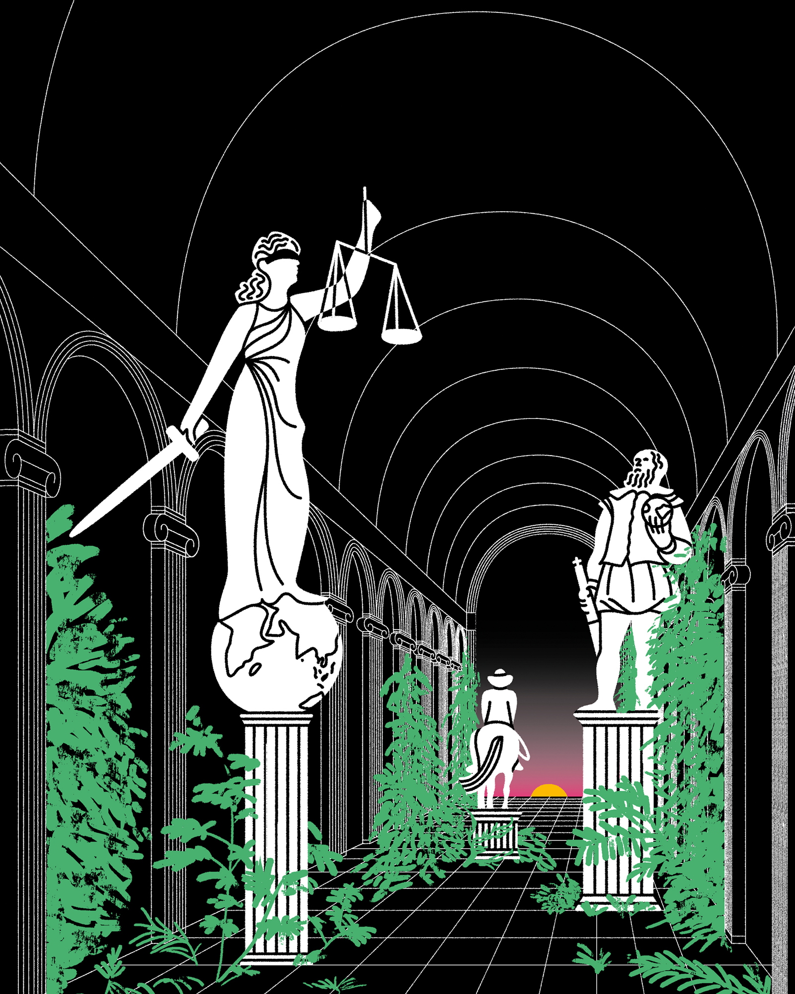 Illustration of classical interior with white statues of Lady Justice, Columbus and a cowboy