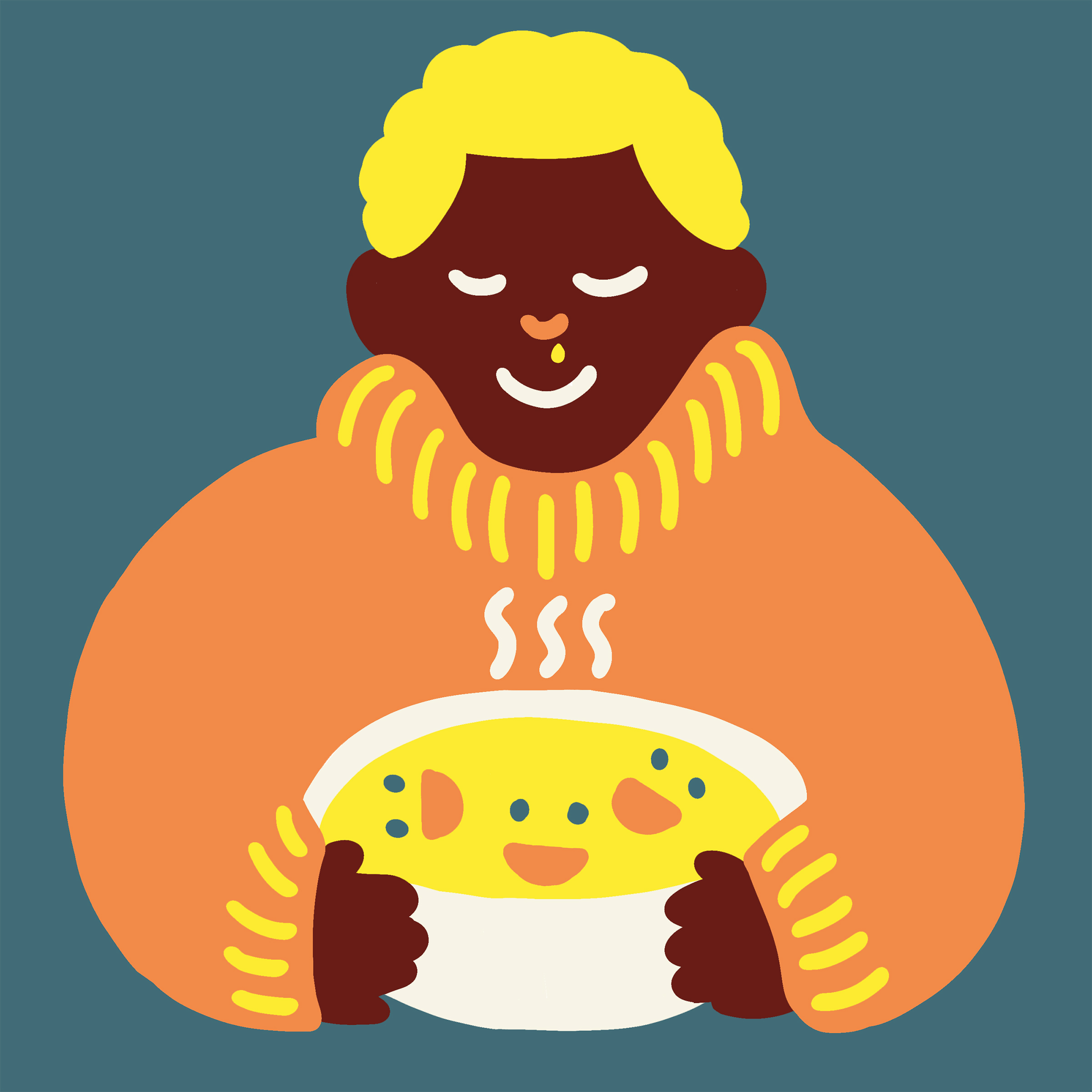 Illustration of a person wearing a thick jumper holding a bowl of soup