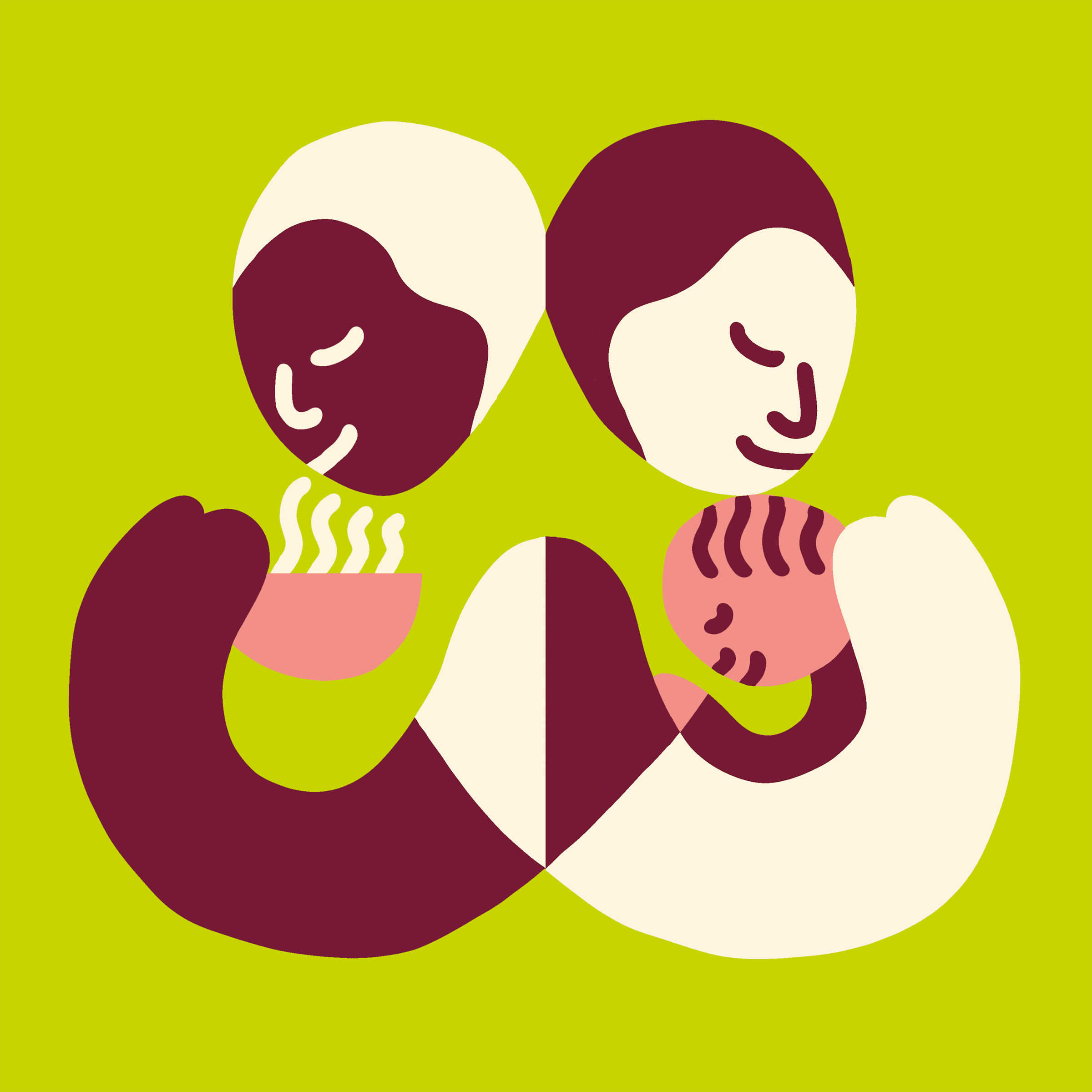 Illustration of two smiling people back-to-back, one holding a steaming mug, the other one a baby