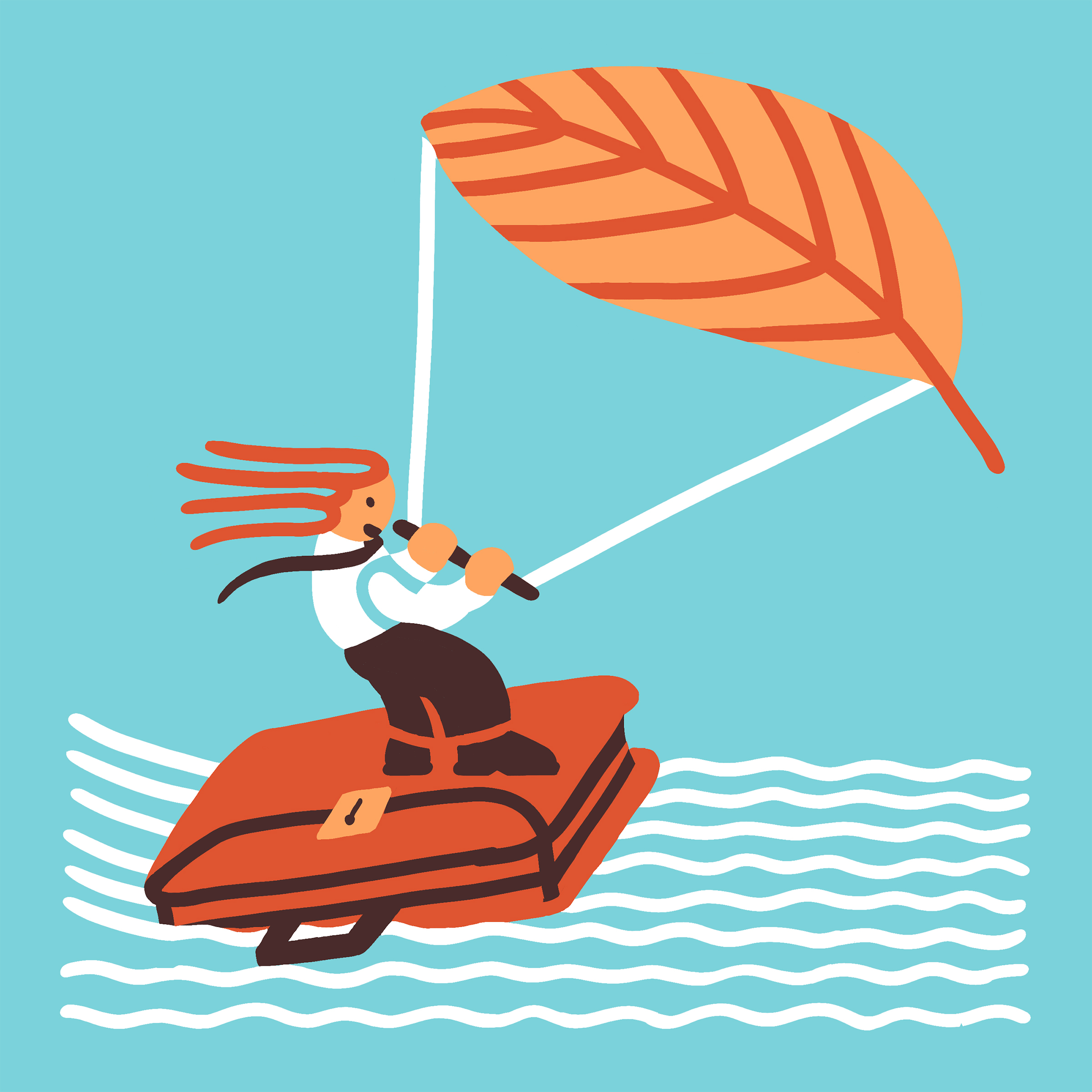 Illustration of a person kiteboarding on a briefcase using an autumnal leaf as a kite
