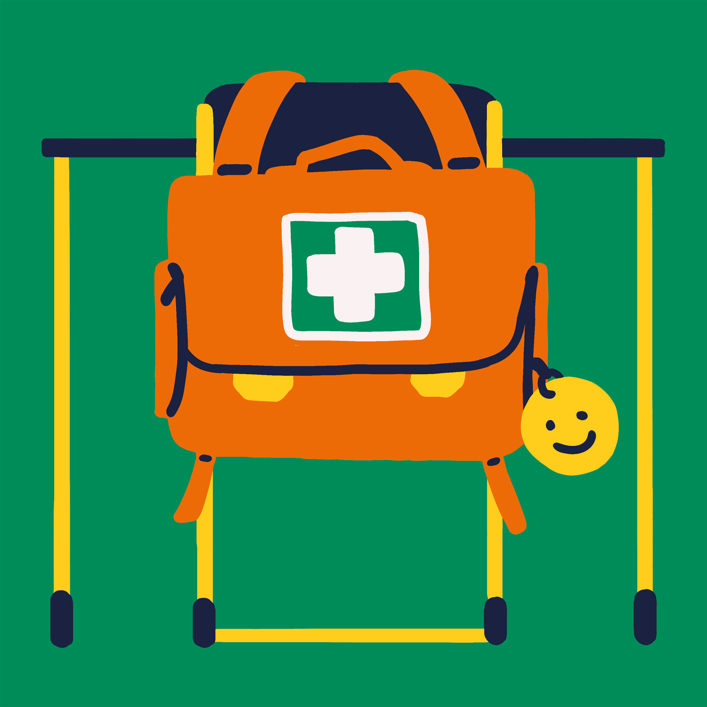 Illustration of a school backback with a first-aid patch