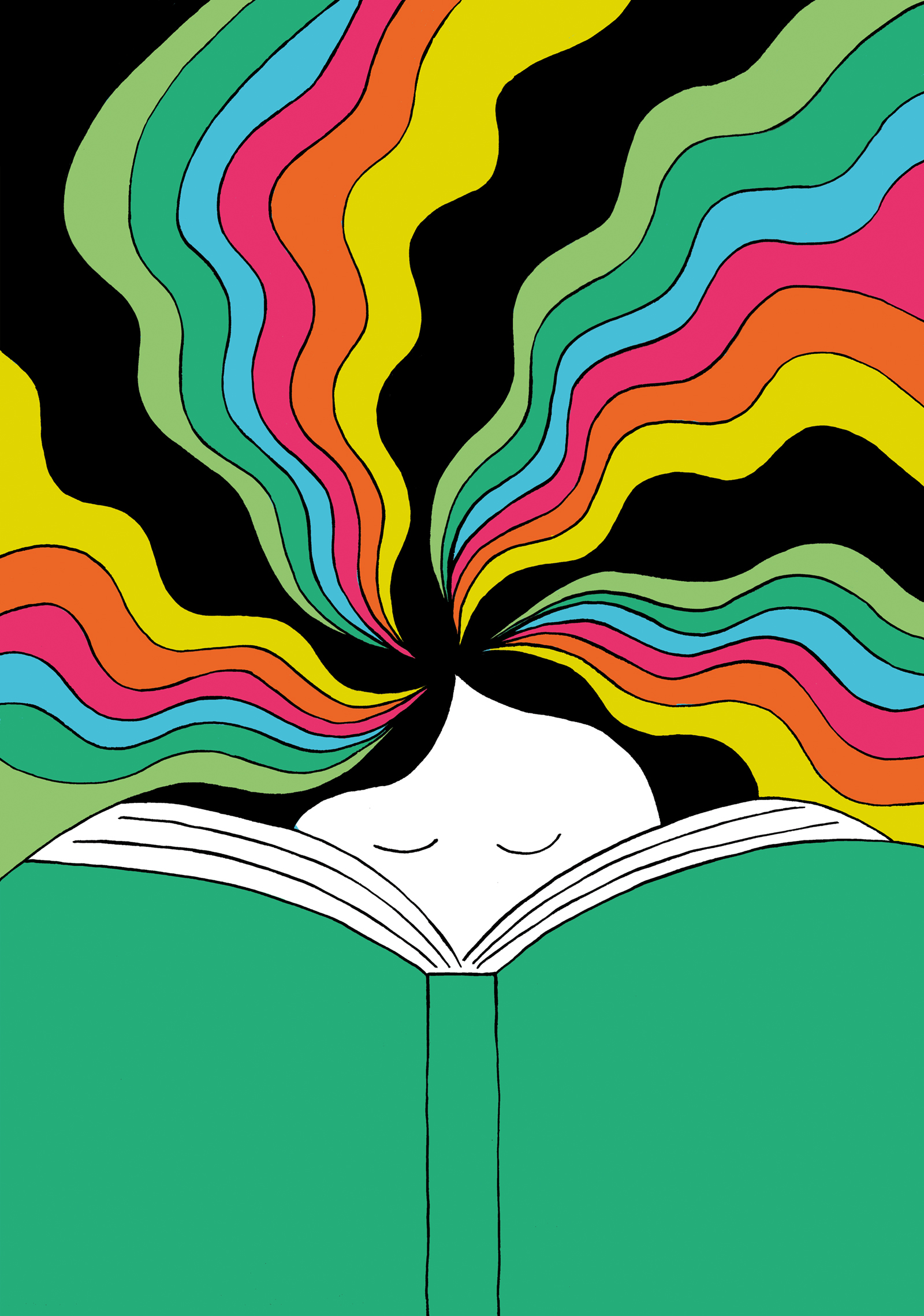 Illustration of a person looking with colourful wavy hair looking into a book