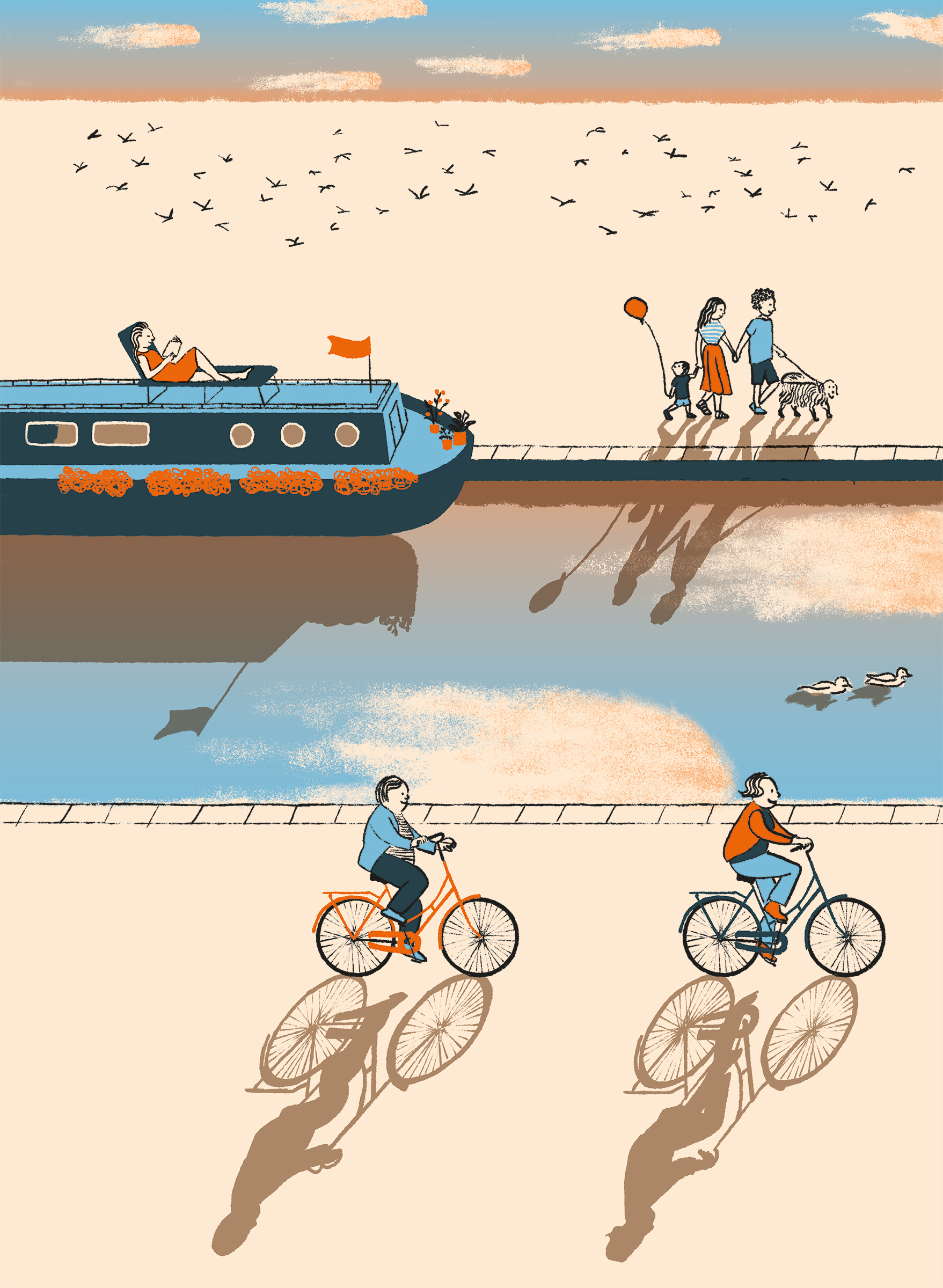 Illustration of an evening landscape with people moving slowly alongside a canal