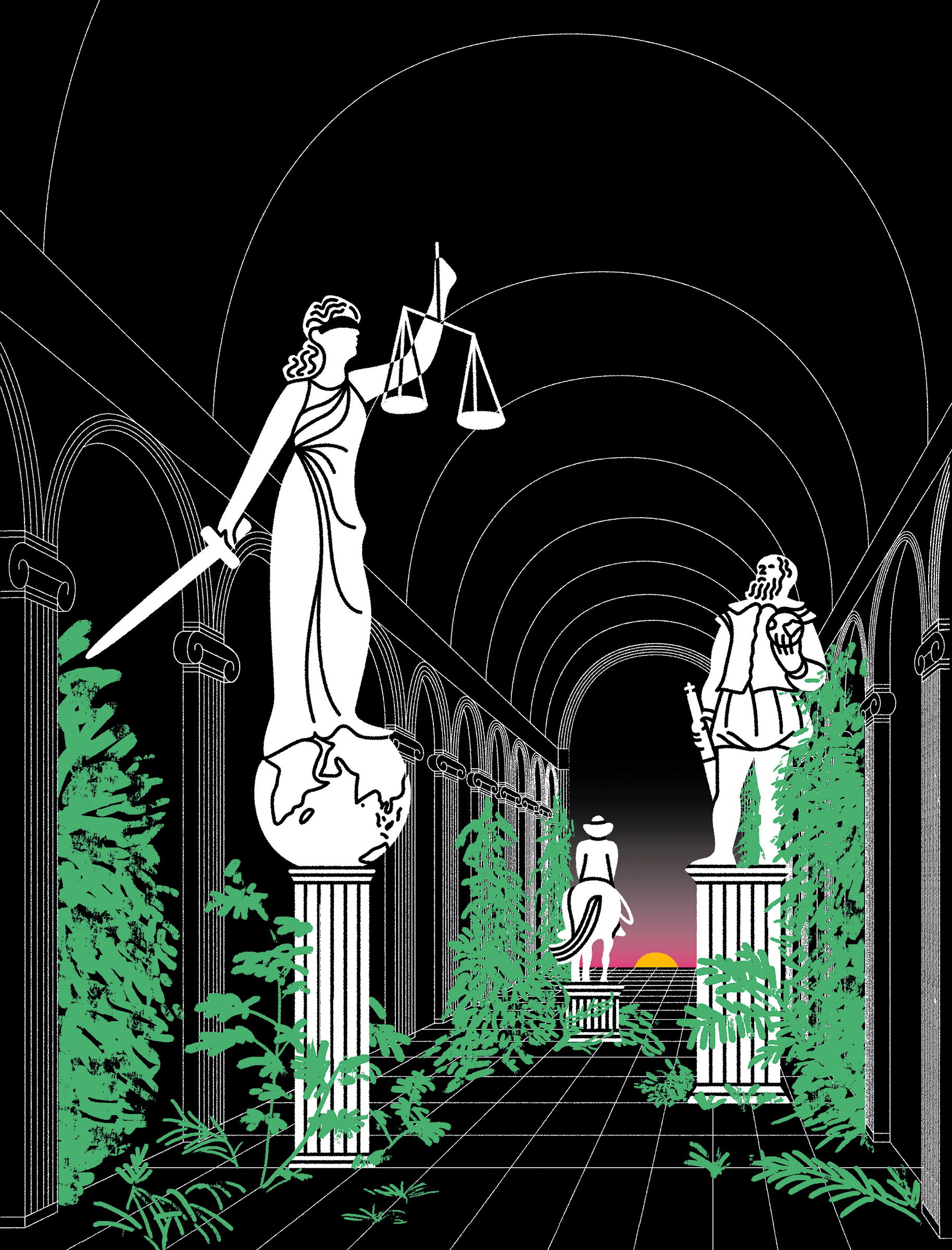 Illustration of classical interior with white statues of Lady Justice, Columbus and a cowboy